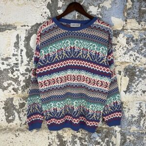 Vintage Cabin Creek Sweater Blue Fair Isle Knit Striped Pastel Crewneck XL
